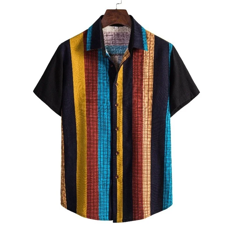 

2021 summer new large size men's short-sleeved striped shirt loose casual men's printed shirt