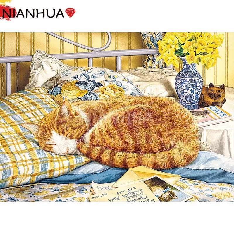 

Diamond Painting 5D DIY Animal Family Cat Bed Square Round Embroidery Hand Inlaid Kit Photo Mural Decoration