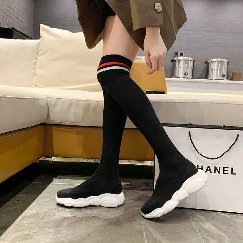 

Web celebrity little bear boots women over knee 2020 new striped stretch socks high heels slimmer high boots