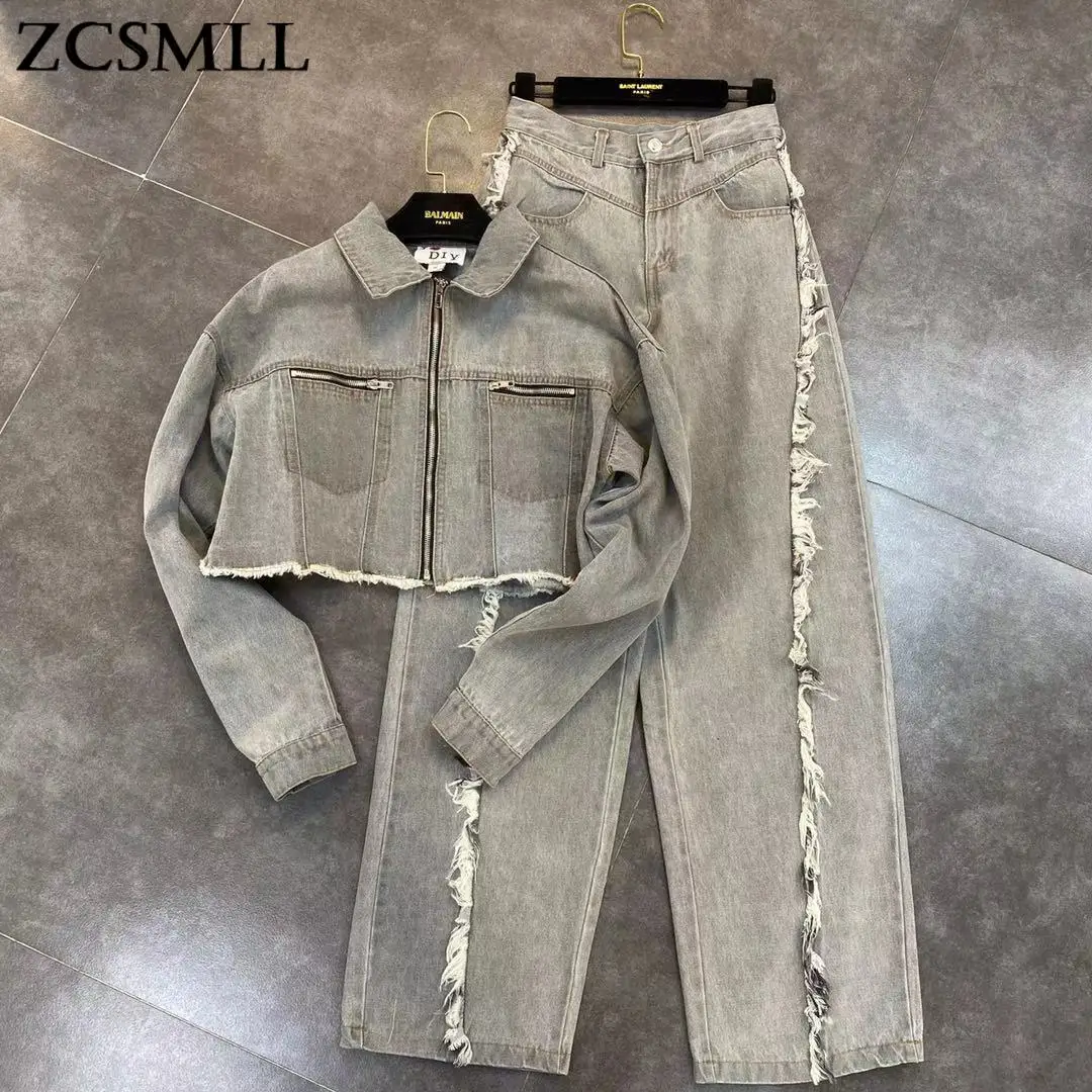 

ZCSMLL two pieces set women Lapel long sleeve pocket denim jacket with High Waist Wide Leg Pants 2021 spring