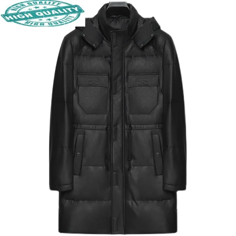 

100% Winter Genuine Leather Jackets Male Hooded White Duck Down Jacket Warm Sheepskin Coat Jaqueta Masculina Gmm445