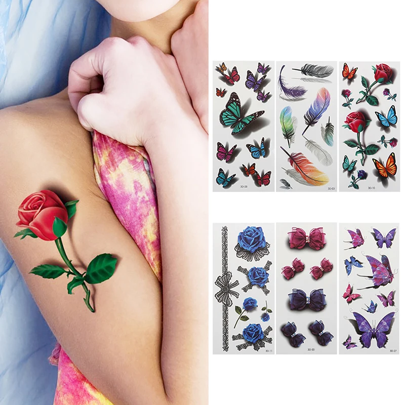 

1Pcs Temporary Tattoos Sticker Women Body Art 3D Butterfly Rose Flower Feather Tattoo Waterproof Tattoo Sticker