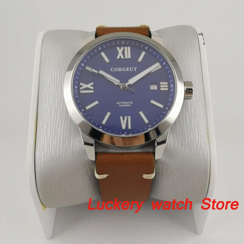Мужские автоматические часы Corgeut 41 мм с синим циферблатом и белым со светящимся