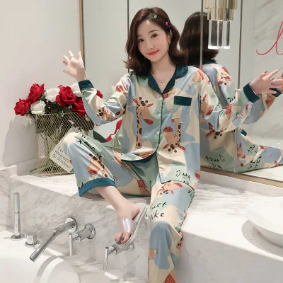 pyjamas women Большой размер 5XL женский атласный Шелковый пижамный комплект с длинным рукавом Цветочный комплект из двух предметов сексуальная пижама Пижамный костюм Женская одежда для сна - Цвет: pyjamas women