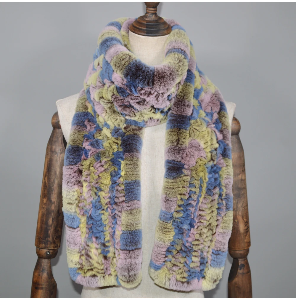 Winter Long Style Women Real Rex Rabbit Fur Scarf Rex Rabbit Fur Warm Soft Ring Scarfs High Quality Knit Rabbit Fur Scarves