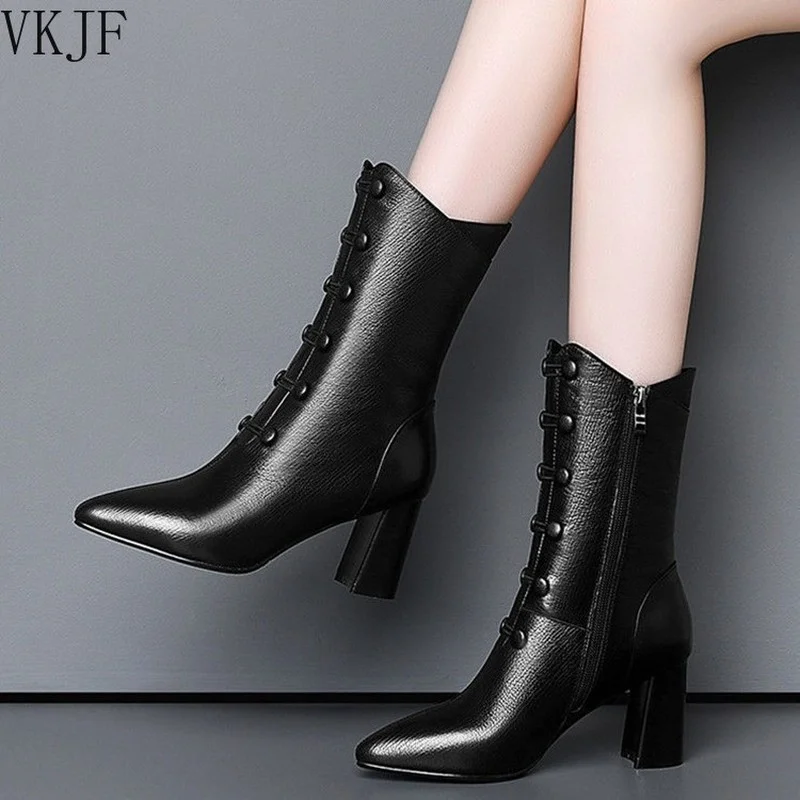 

Женские ботинки средней длины с острым носком и тонкой боковой молнией, женские короткие ботинки, новинка 2021, ботинки мартинсы на толстом и ...