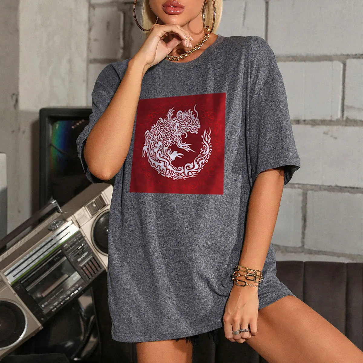

2021 New Short-Sleeved Round Neck Dinosaur Print Casual Loose T-Shirt Female Solid Color Plus Size