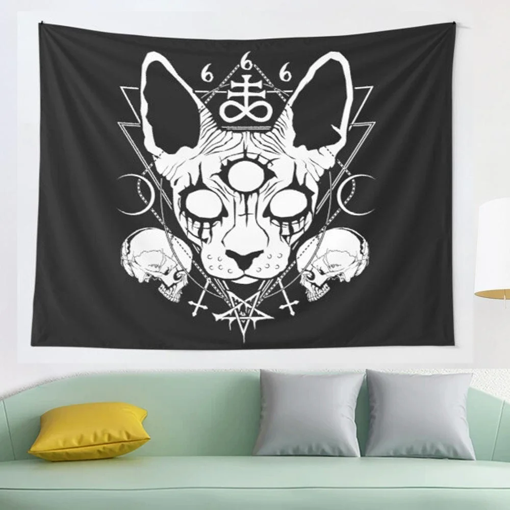 Очень сатанический черный металлический гобелен со сфинксом котом настенный