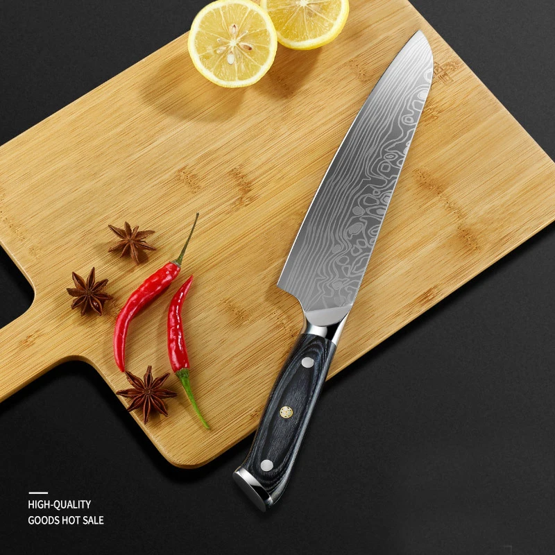 Кухонный нож из нержавеющей стали с двойной лазерной гравировкой дамасский