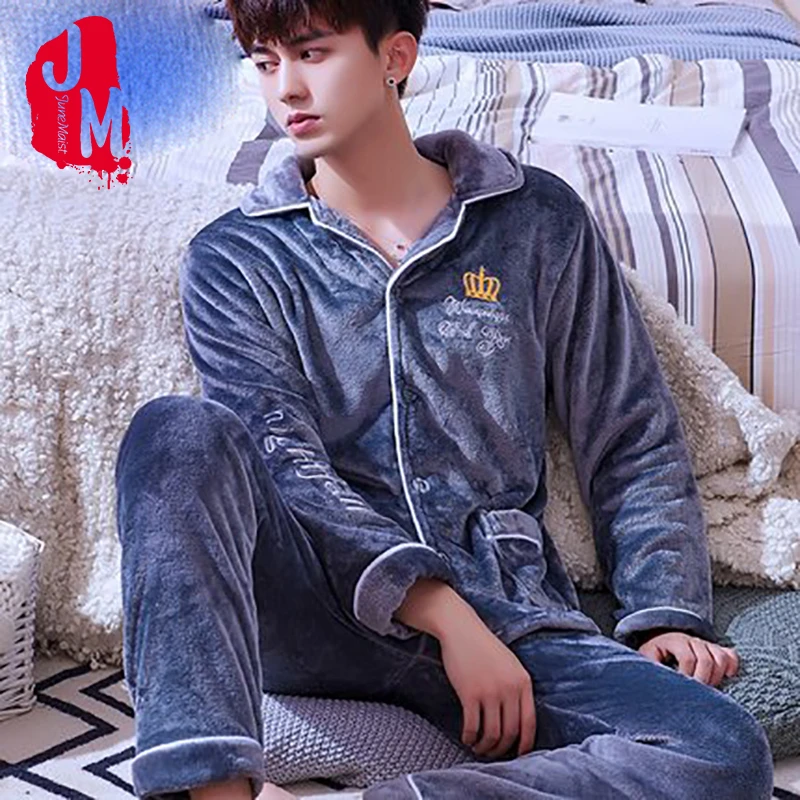 Мужская зимняя пижама из кораллового флиса Фланелевая с длинным рукавом