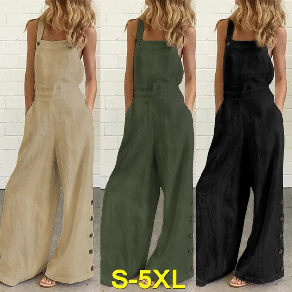 

Solid Cotton Linen Jumpsuits Women Casual Loose Pocket Wide Leg Office Overalls Female Sleeveless Plus Size Clothing Rompers