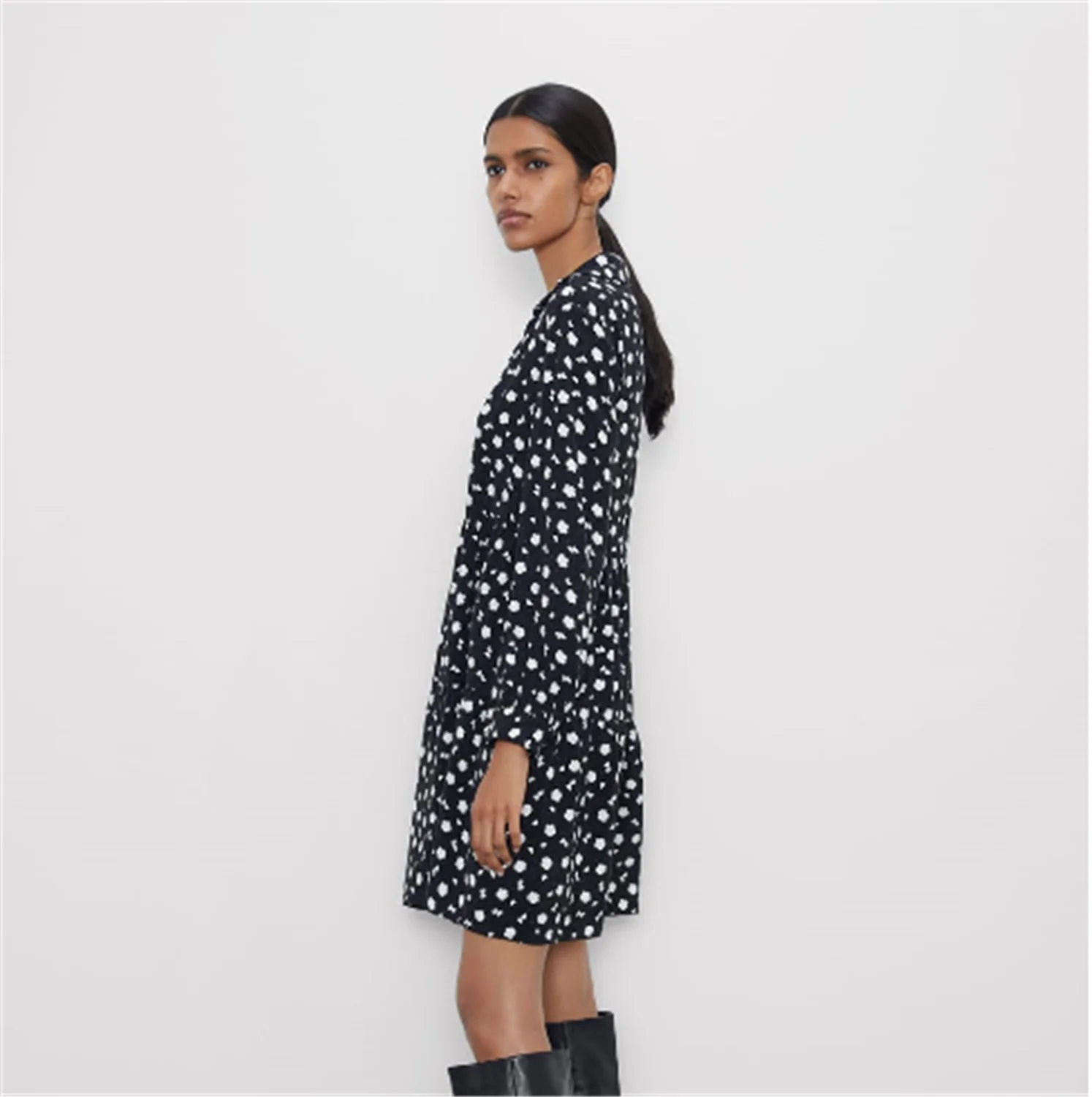 Женское мини платье с принтом ZA богемное отложным воротником и длинным рукавом