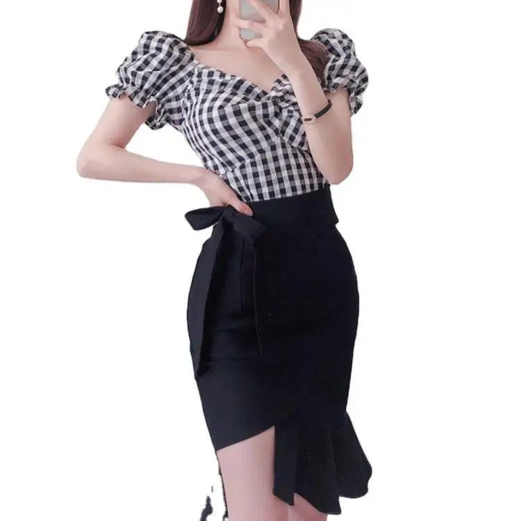 Женское платье с бантом модное в клетку и асимметричная юбка до середины бедра