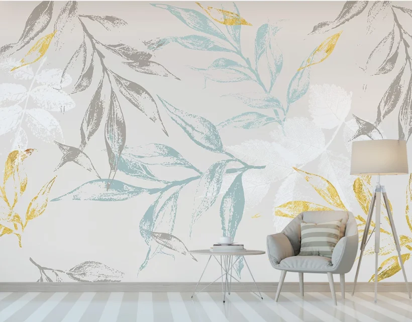 

Custom Nordic Hand Drawn Tropical Golden Leaves Bedroom Background Wallpaper Mural