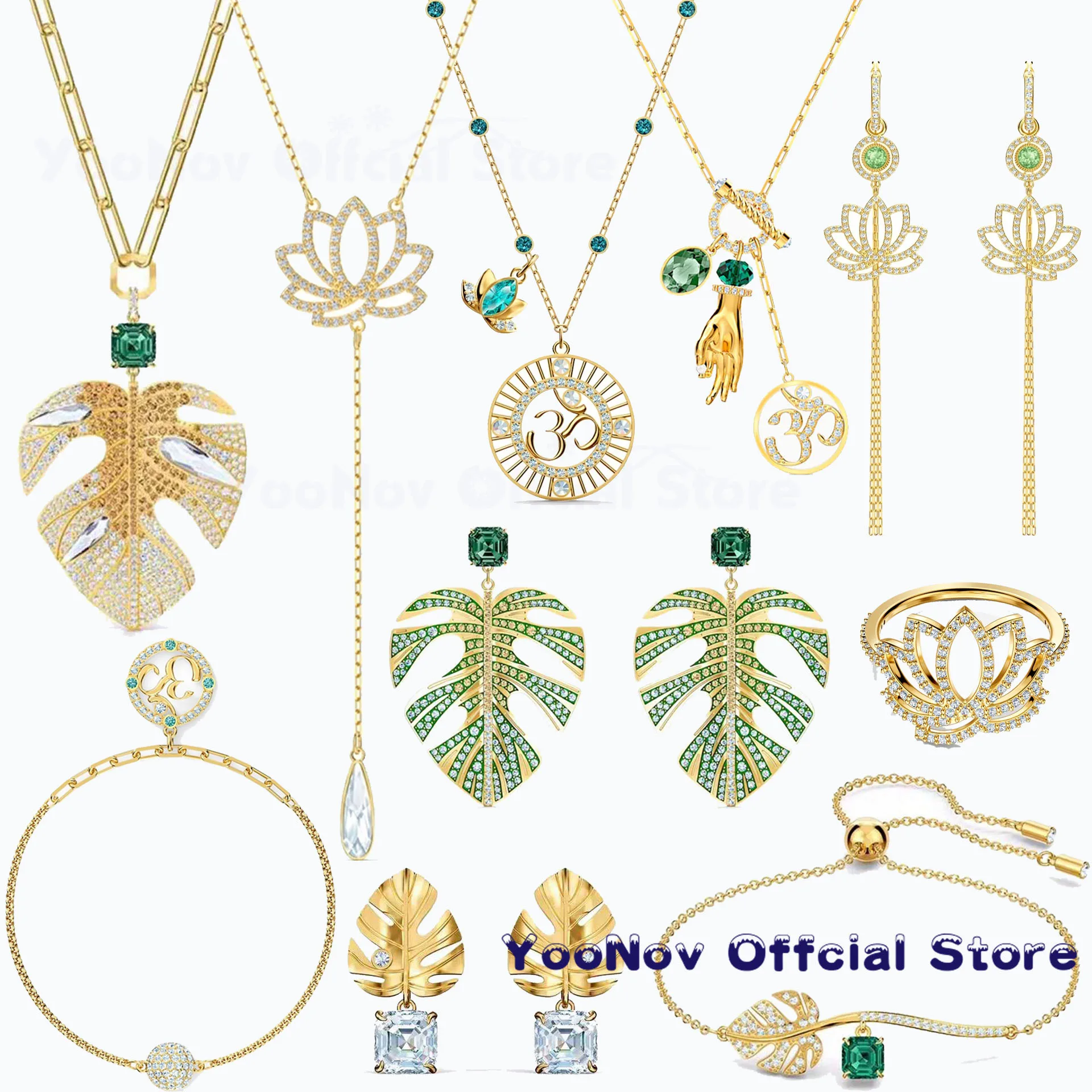 

SWA Fashion Jewelry Original Charm Golden Lotus Water Drop Crystal Green Tree Planting Leaf Luxury Necklace Bracelet Earring Set