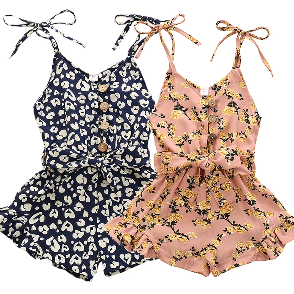 

Детский летний комбинезон без рукавов для девочек, цельный комбинезон с оборками, открытыми плечами и принтом на подтяжках, 2022