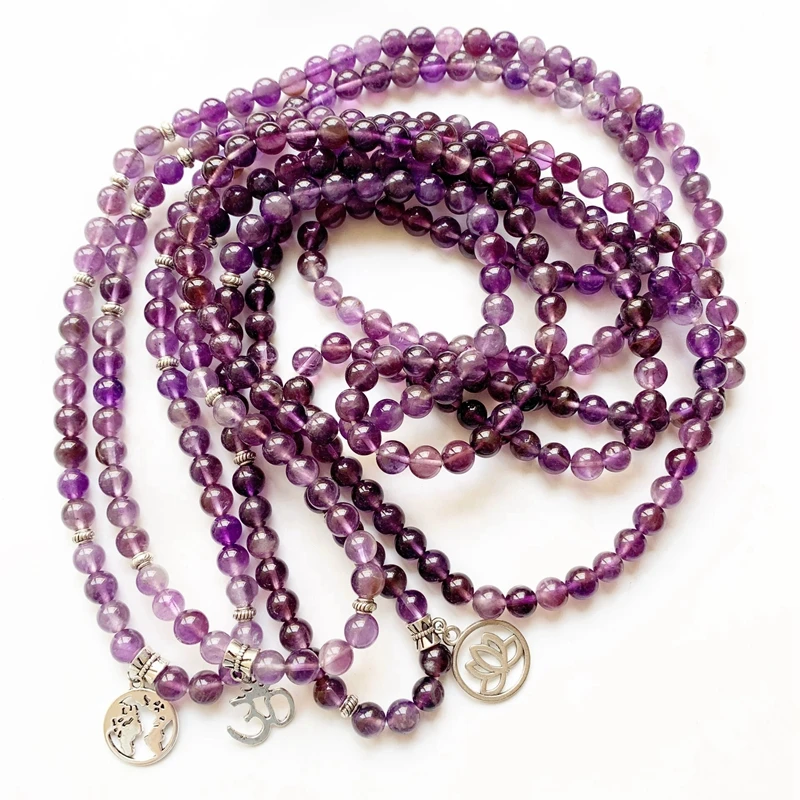 

Natural Purple Quartz Crystals Stone 108 Mala Beads Necklace Elastic Charm Tibetan Buddhist Bracelet 8mm OM Symbol Earth