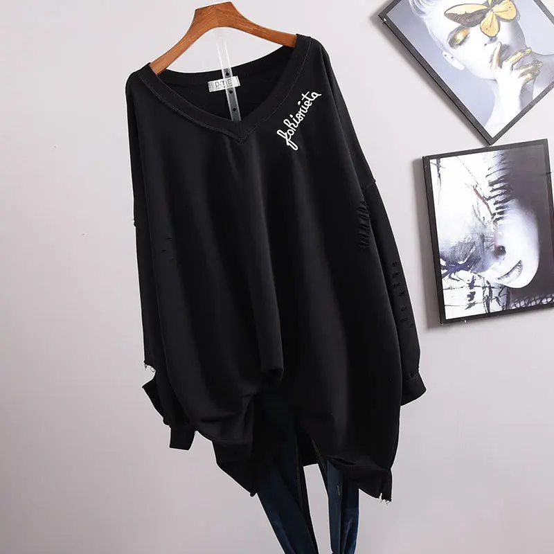 

2022 Spring New Korean Women Personality Hole Loose Slim V-neck Long Sleeved T-shirt Street Style Casual Tops Tide Free Shipping