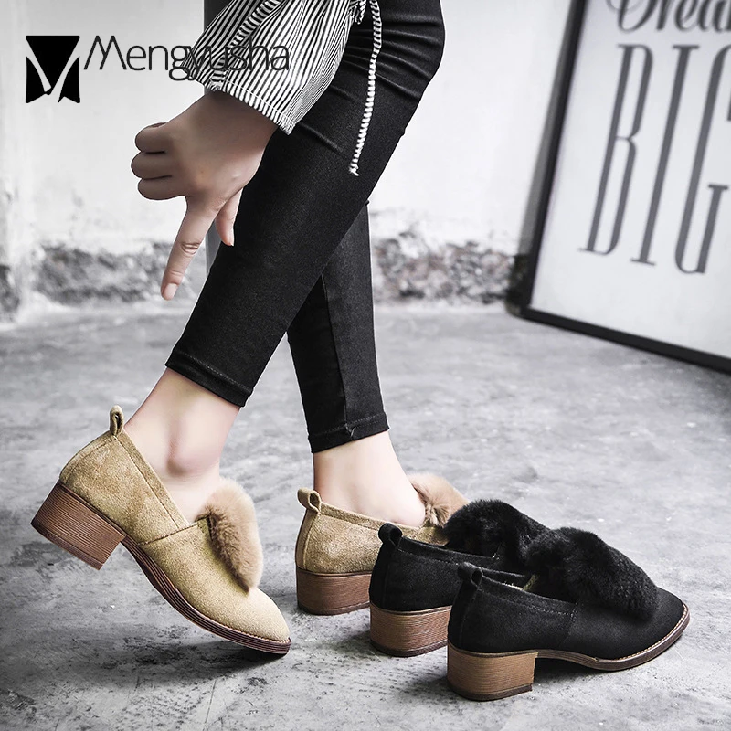 Зимние Туфли-оксфорды с кроличьим мехом женские туфли на плоской подошве Меховые