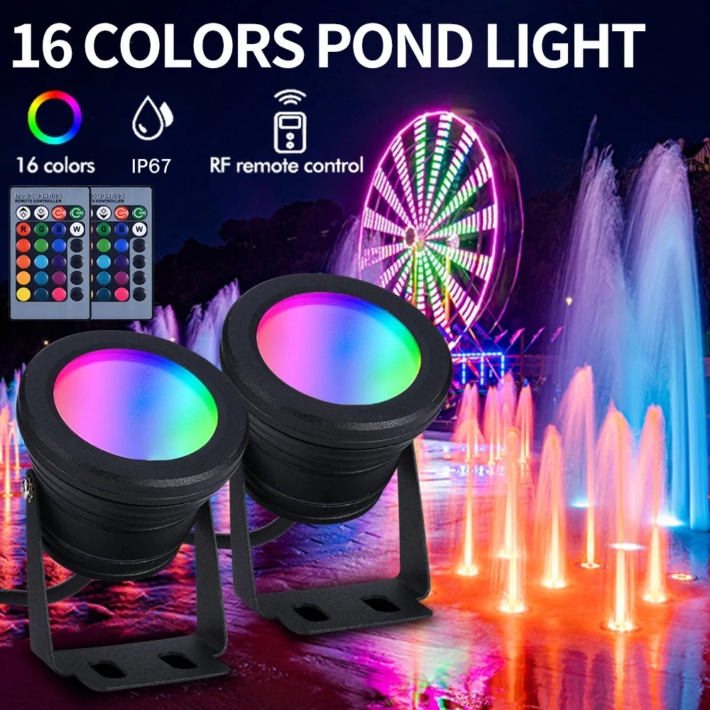 

LED Underwater Flood Light 10W 12V RGB Multi-Color Adjustable Waterproof Spotlight Fountain Light 16 Color Changing