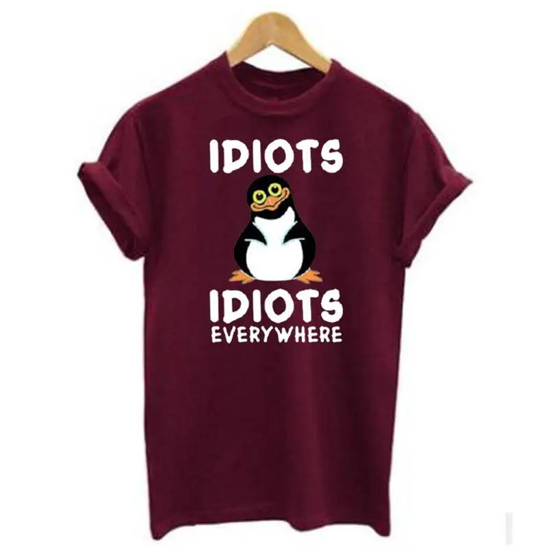 

Cotton Plus Size Tshirt Short Sleeve Casual Harajuku Shirt Tee Shirt Femme Idiots Everywhere Funny Penguin Graphic Women T Shirt