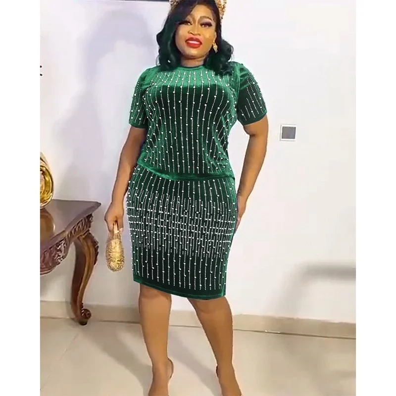 

2 Piece Set Dashiki Diamond African Clothes Tops And Skirt Suits Plus Size Velvet Party Dresses For Women Robe Africaine Femme