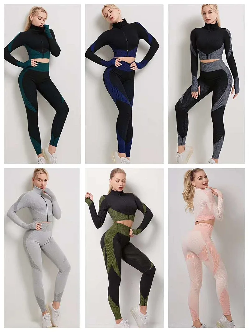 

New Arrive 2pcs Sets Fitness Suits Yoga Women Outfits Long Sleeve Shirt Seamless Leggings Workout Running Clothing Gym Wear
