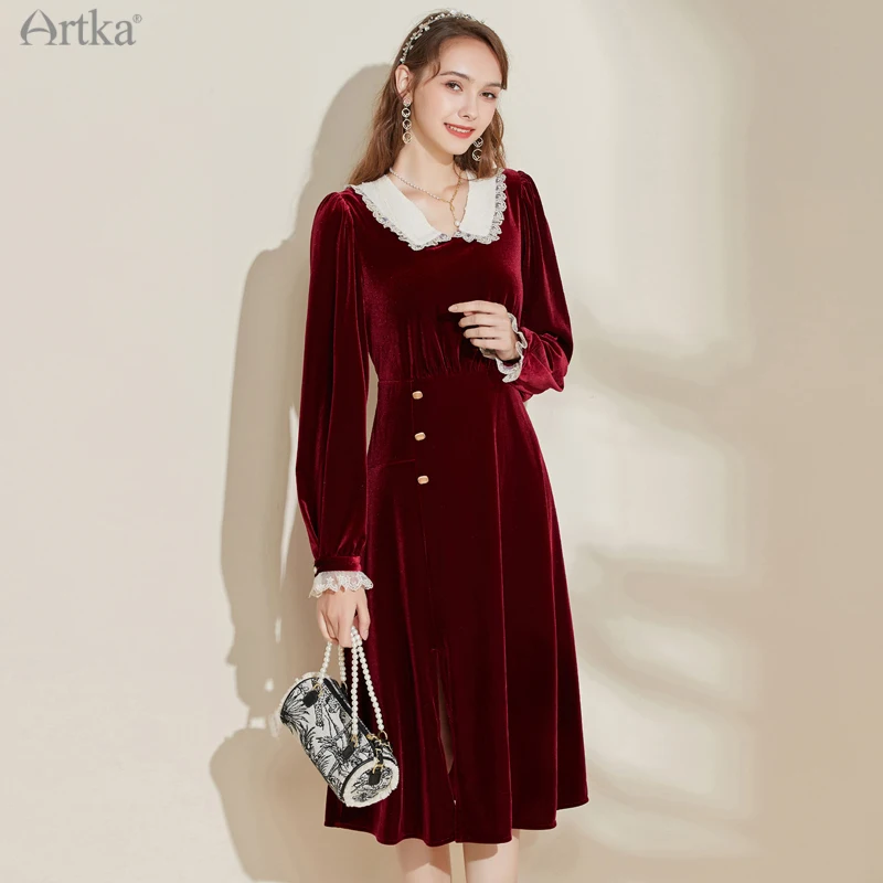 

ARTKA 2021 Autumn New Vintage Palace Red Wine Velvet Dresses Lace V-Neck Puff Sleeve Side Split Evening Dress Women LA20112Q