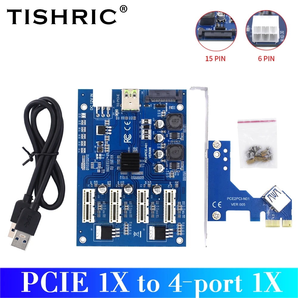 

TISHRIC PCI Express Multiplier PCIE 1X to 4-Port 1x Adapter Board Support SATA 15 pin+6pin Power Supply Port For Bitcoin Mining