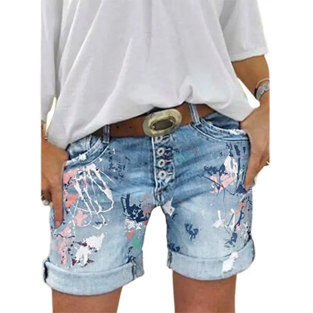 

Women Shorts Mid Rise Denim Folded Hem All-matched Print Multi-breasted Ladies Short Jeans Fashion Straight-leg Short Pants