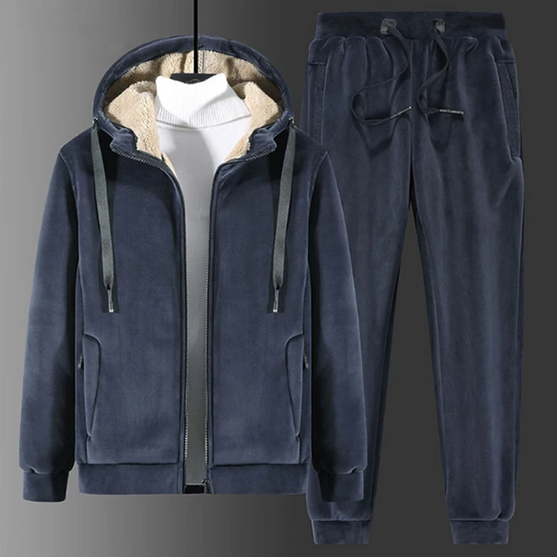 Men's Autumn Winter Sets Zipper Hoodie+pants Two Pieces Casual Tracksuit Male Sportswear Clothing Sweat Suit Mens lamb wool suit