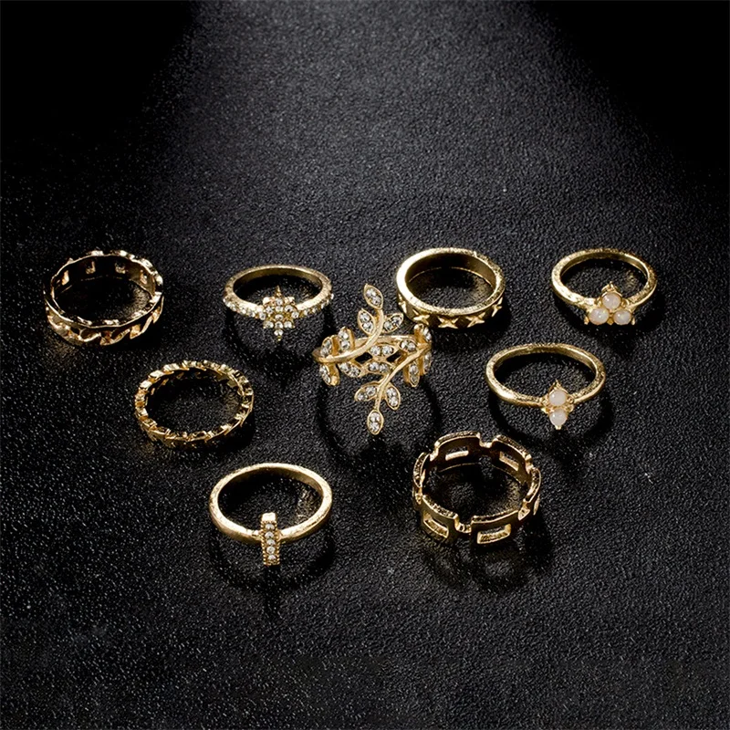 9 шт./компл. Модные кольца для женщин Нежный с украшением в виде кристаллов листья