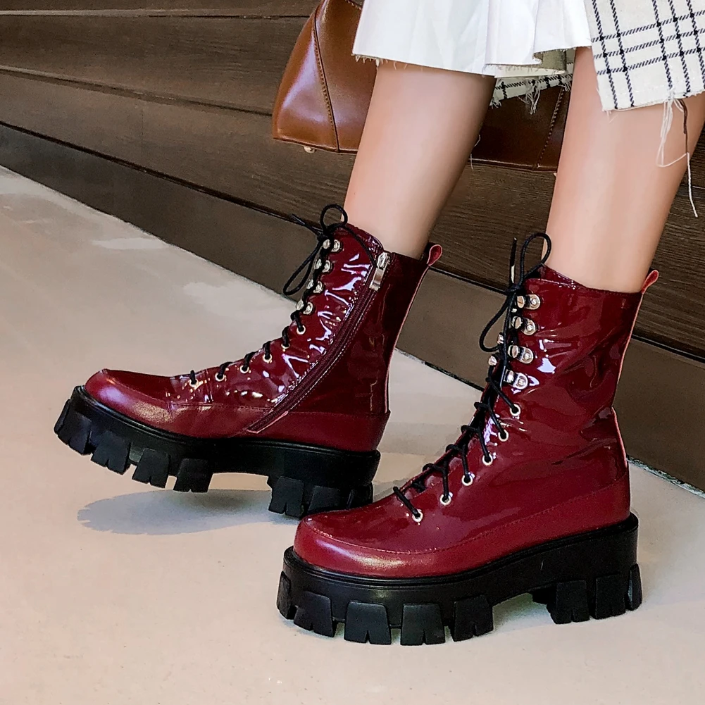 

DoraTasia Brand New Ladies Genuine Leather Motorcycle Boots Fashion Chunky High Heels Ankle Boots Women Platform Shoes Woman
