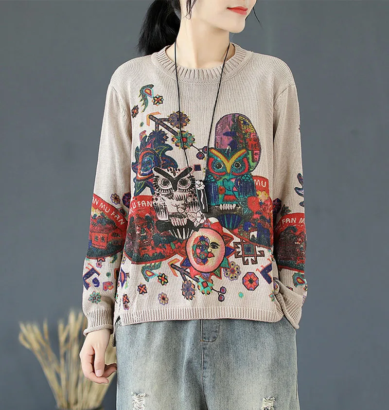 Свободные Пуловеры Блузка с длинными рукавами Осенняя верхняя одежда Harajuku ретро