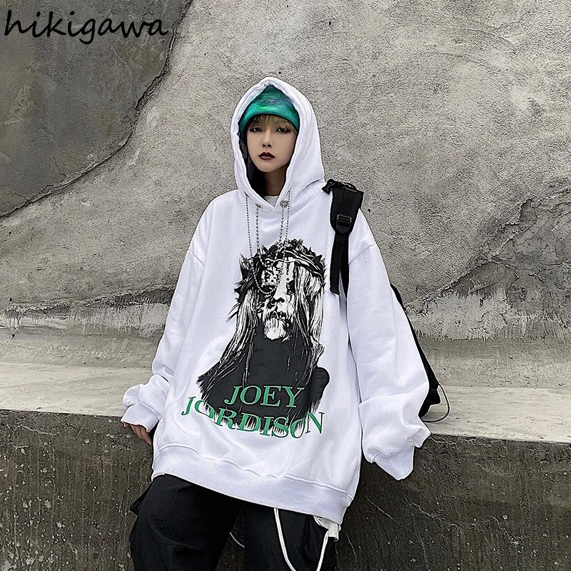 

Hikigawa Hoodie Women Cartoon Letter Print Sweatshirt Korean Harajuku Coat Tops Loose Long Sleeve Hooded Oversized Sweatshirts