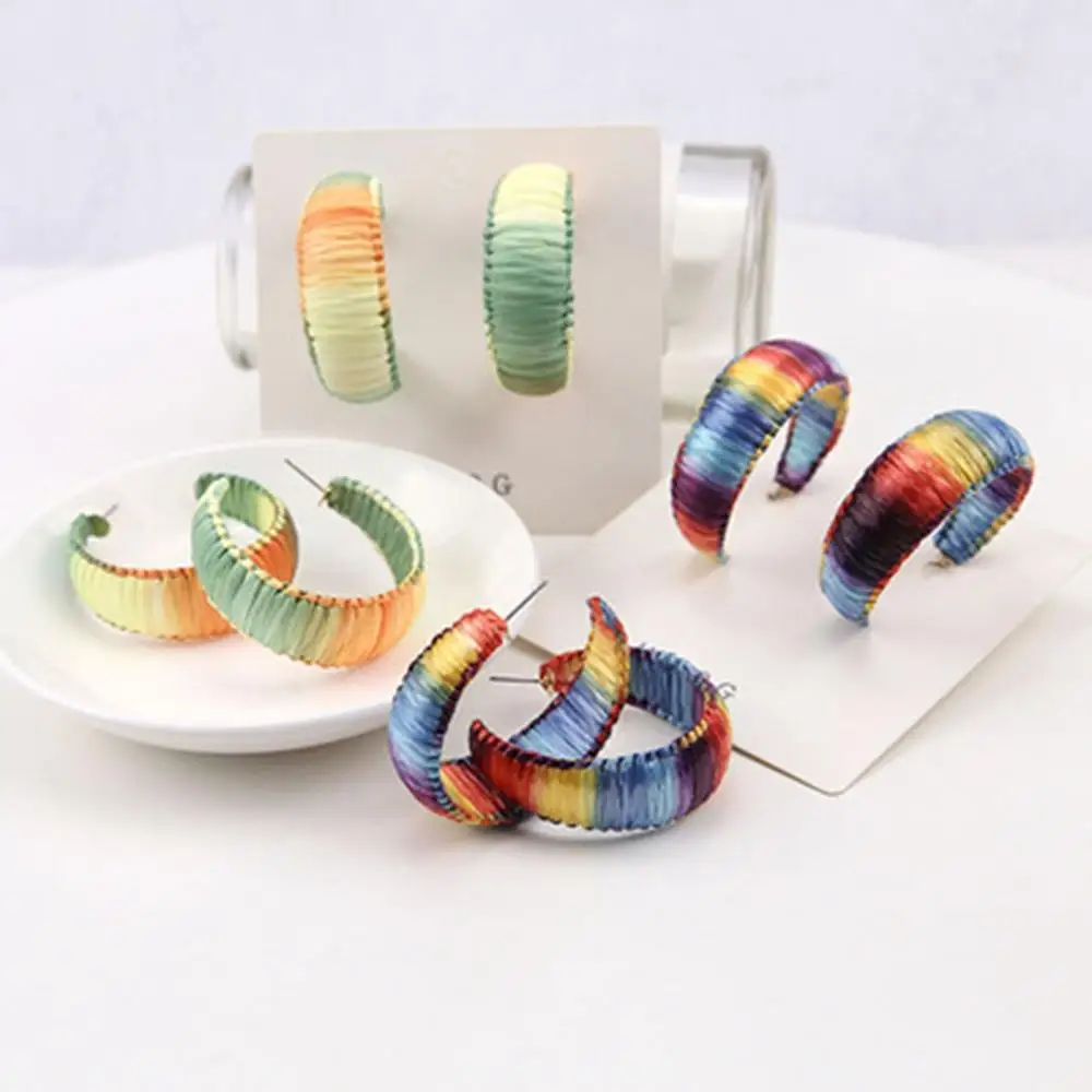 Цветная плетёная ротанговая градиентная Радужная C серьги-гвоздики для женщин