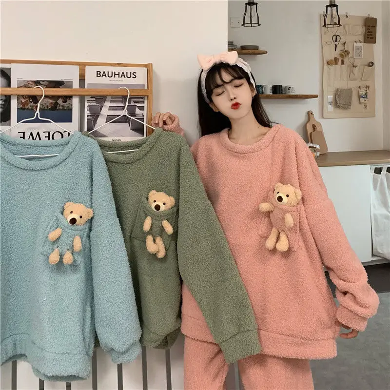 QWEEK Women Pajamas Solid Color Pocket with Bear Pijamas Warm Flannel Pyjamas Winter Home Clothes Kawaii Panda Embroidery Autumn