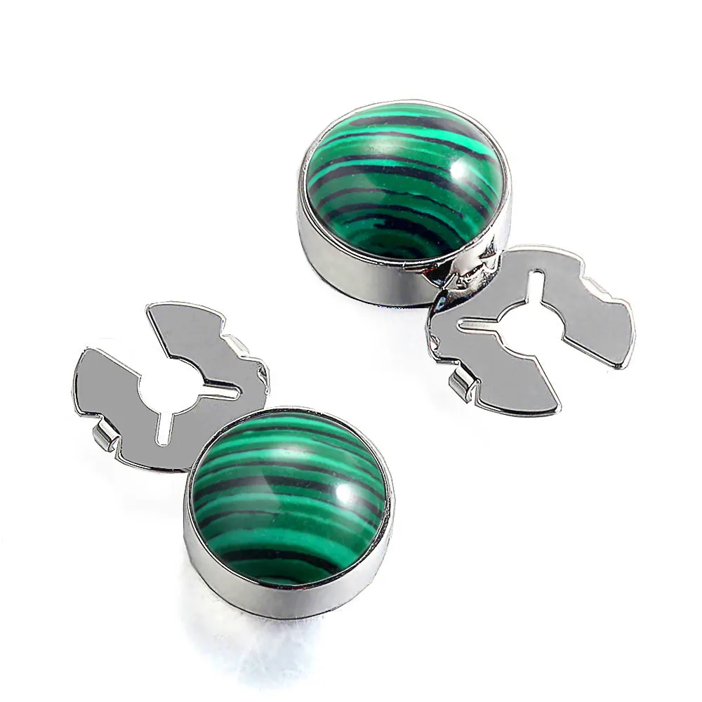 Запонки для смокинга из натурального малахитного камня зеленые/серебряные
