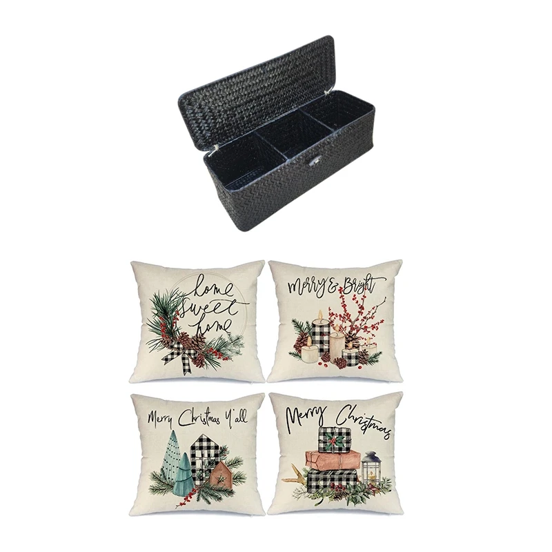 

3 Compartment Storage Box Wicker Rattan Basket With Christmas Pillow Covers,Throw Pillows Farmhouse Christmas Decor