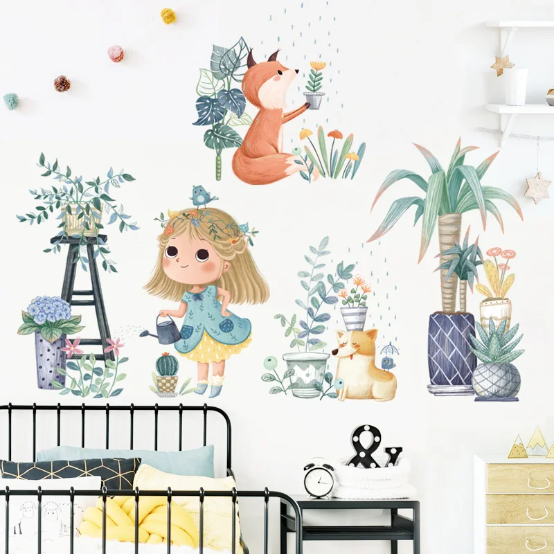 

Watering Girl DIY Wall Stickers for Girls Room Decoration Removable Kids room Nursery Wall Decals Cartoon Art Murals Home Decor