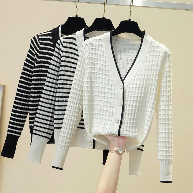 

V Neck Knitwear Cardigan Women Sweater Long Sleeve Top Korean Fashion Striped Sweaters Female Outwear Fall 2021 Sueters De Mujer