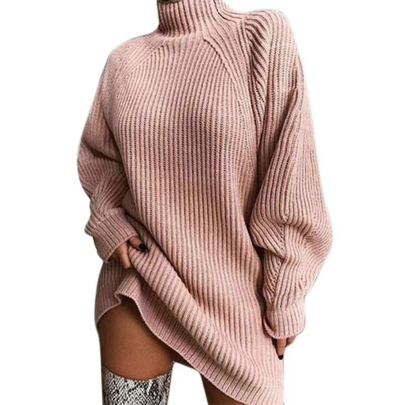 

Women Autumn Raglan Sleeve Turtleneck Midi Long Sweater Dress Ribbed Knitted Solid Color Oversized Loose Jumper Tunic Tops BX0A