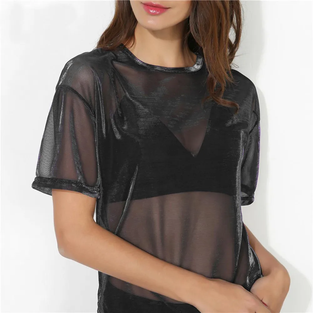 Сексуальные сетчатые рубашки 2019 летние прозрачные женские с коротким рукавом