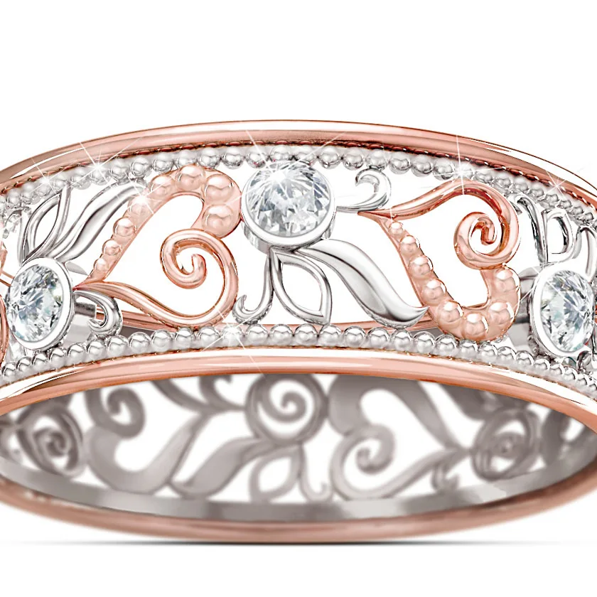 

Fashion Crystal Hollowed Heart Shaped Wedding Rings For Women Rose Gold Ladies Engagement Rings Jewelry Party Gifts Accessories