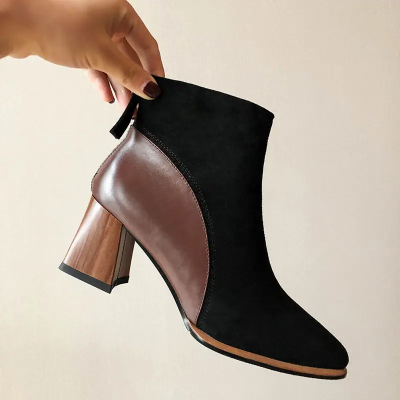 

Short boots women's autumn 2021 new British style zipper square head wild thick heel color matching high heel thin boots tide