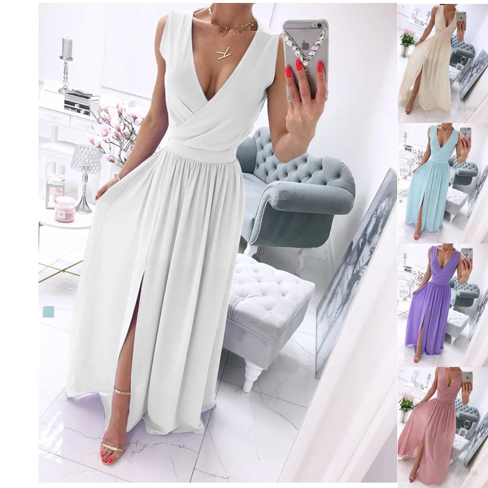 

COZOK 2021 Autumn Solid Color Dress Summer Sleeveless Long Dress For Women Sexy Large Hem Deep V-Neck Tanks Harajuku Maxi Dress