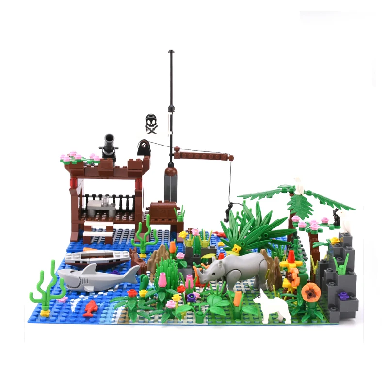 Пиратская серия MOC остров оазис опорная пластина носороги Акула корабль мачта