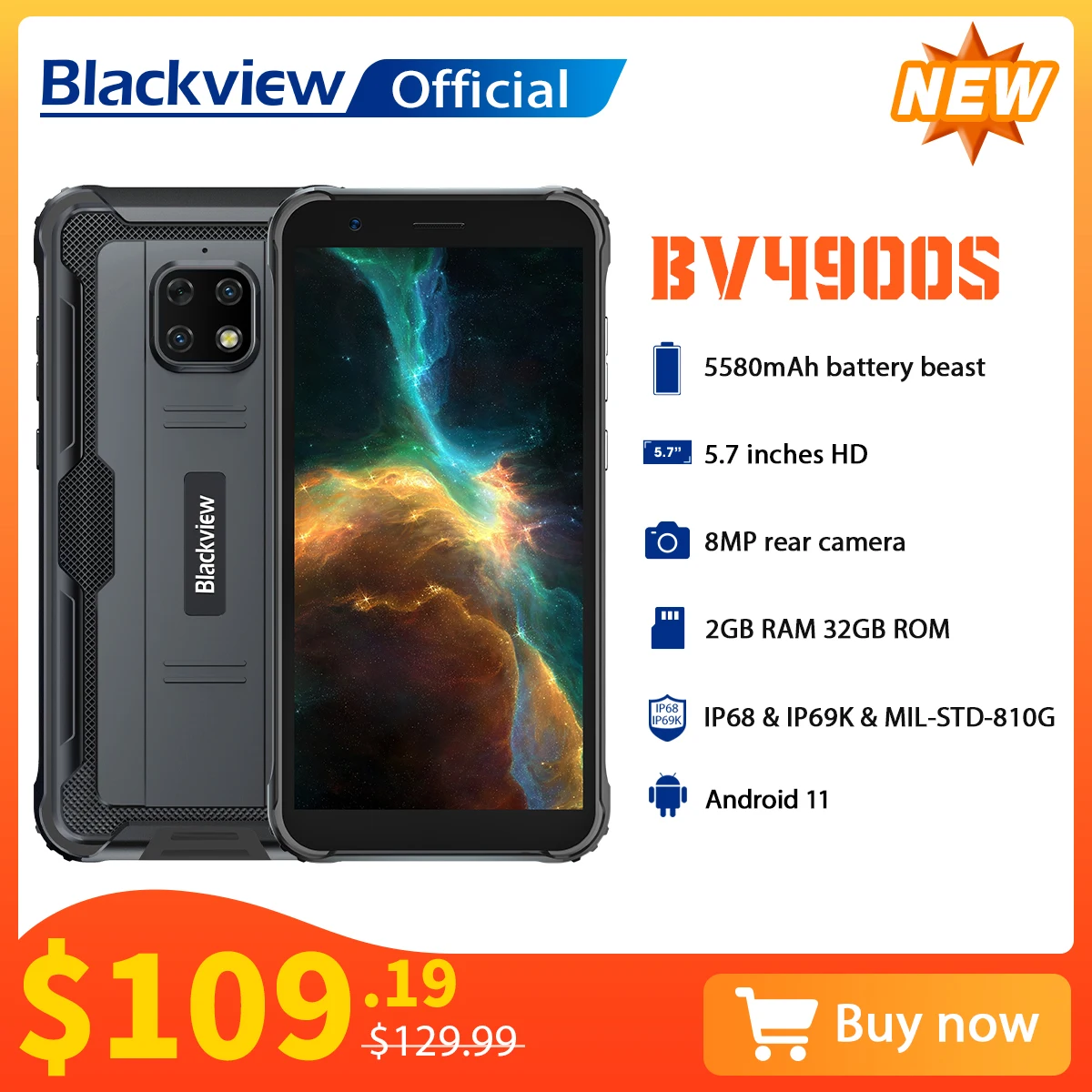 blackview bv4900s smartphone ip68 rugged waterproof cellphones android 11 octa core 2gb 32gb mobile phone 5580mah 5 7inch phones free global shipping