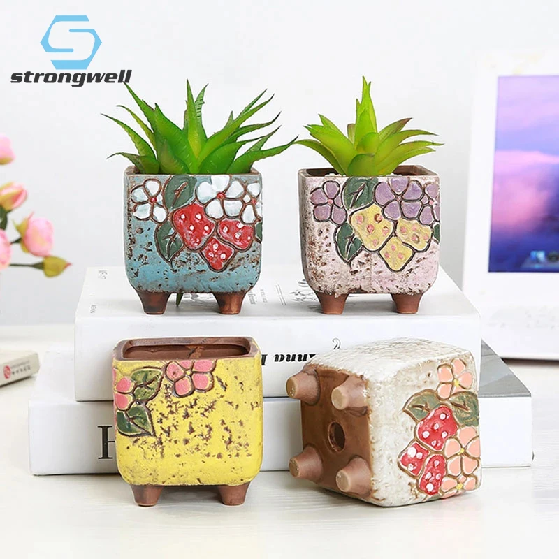 Strongwell Decoration Miniature Ceramic Flower Pots Lovely Square Succulent Flowerpots Planter Fairy Garden Crafts | Дом и сад