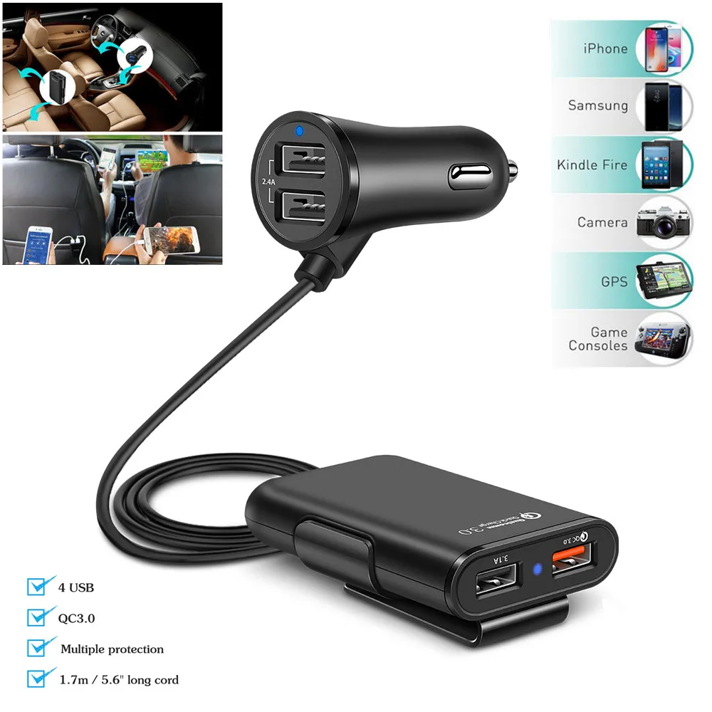 

4 Port USB Car Charger Quick Charge QC3.0 5.6ft Extension Cable For iPhone 12 Xiaomi Mobile Phone Driving Recorder Fast Charging